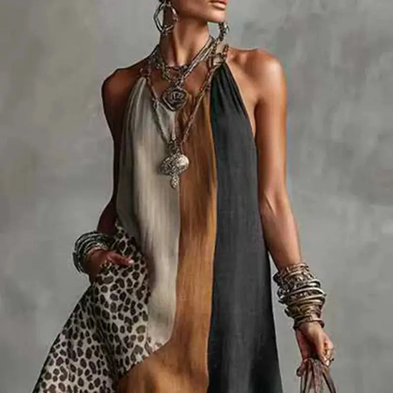 Women Patchwork Animal Print Elegant Party Dresses 2026 Spring Halter Split Hem Long Dress Summer Sleeveless Vacation Maxi Dress by Adornity