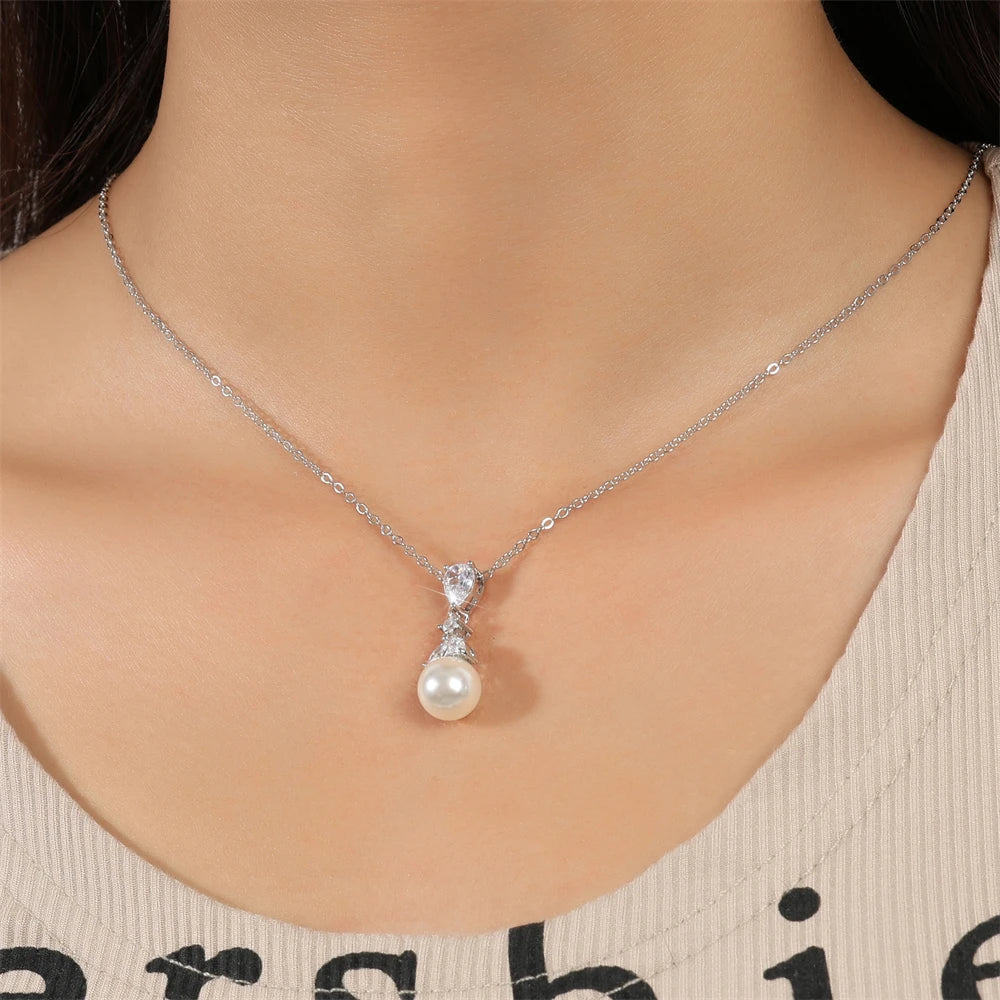 Minimalist Bridal Elegant Zircon Pearl Earring and Necklace Jewelry Set