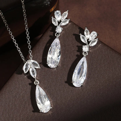 Bridal Water Drop Cubic Zirconia Dangle Necklace Earring  Stylish Flower Shape Bridal Set Wedding Jewelry