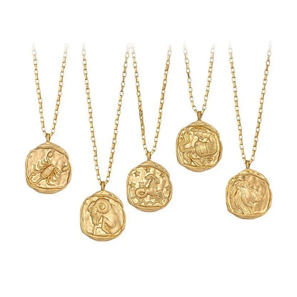 Zodiac Signs Stainless Steel Necklace - Gold Plated Constellation Round Pendant