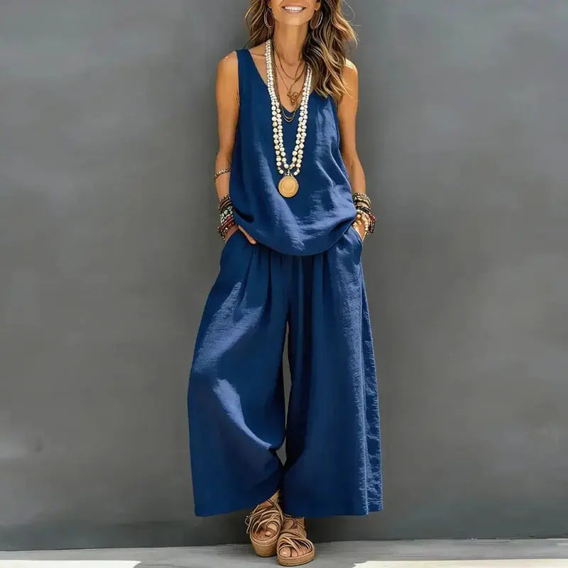 Boho Vacation Summer Beach Outfits Woman Sexy V Neck Hollow Top Wide Leg Pants Sets Spring Casual Sleeveless Loose Suit Harajuku by Adornity