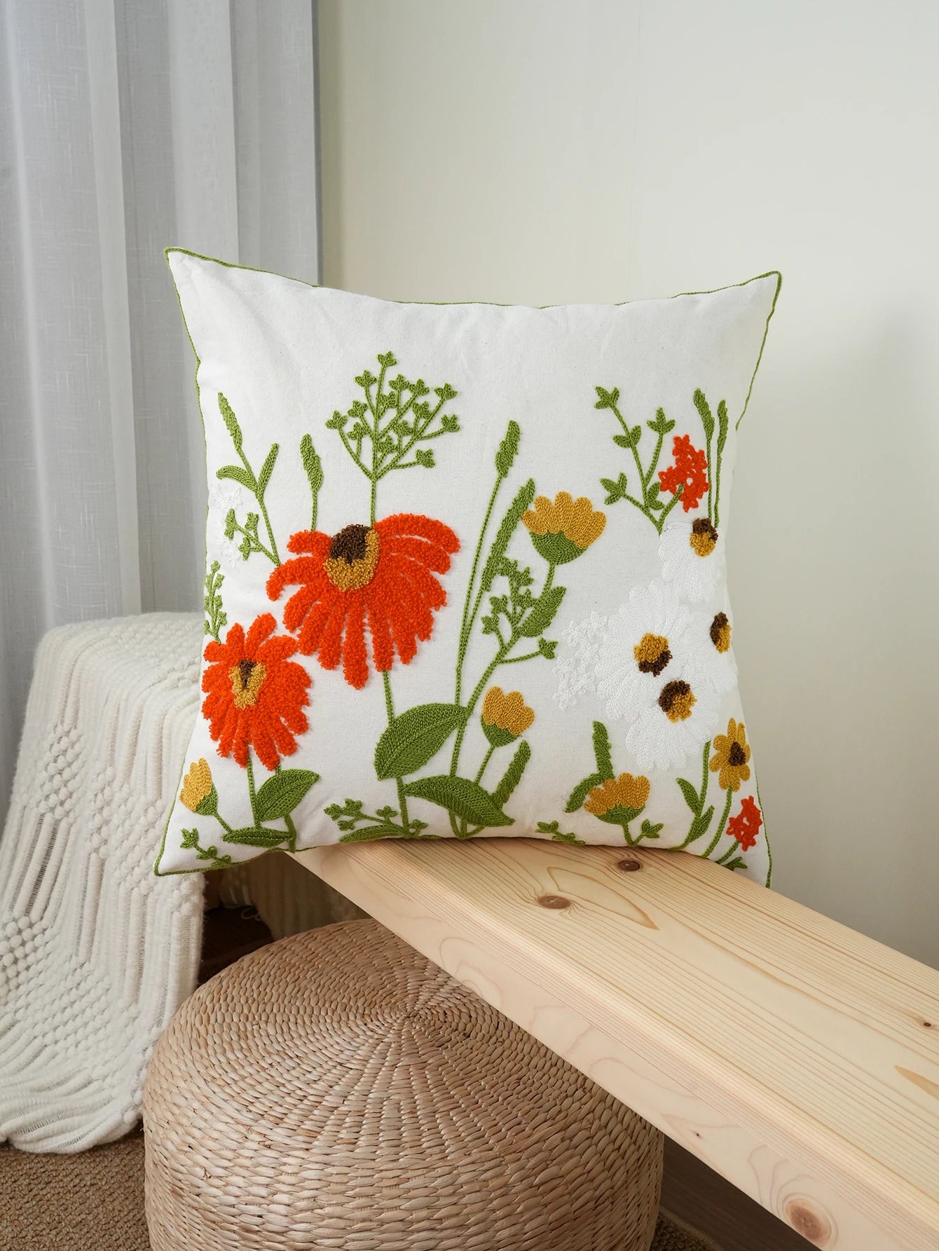 1pc Colorful Flower Exquisite Embroidery Cushion Throw Pillow Cover, Towel Embroidery, Composite Embroidery, Home Decor