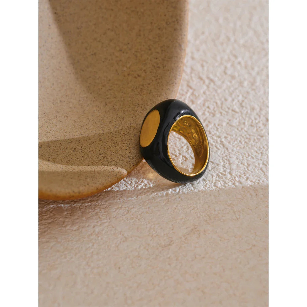 Minimalist Geometric Stainless Steel Ring - Black Enamel Waterproof Jewelry