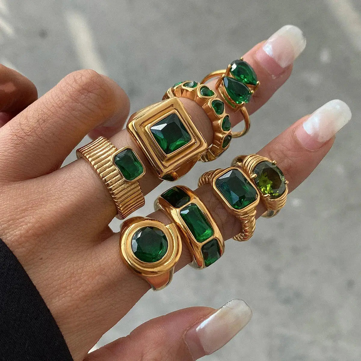 Uworld Retro Green Zircon Ring 18k Gold Color Plated Stainless Steel Round Ring Can be Stacked as a Gift for Women's Accessories by Adornity
