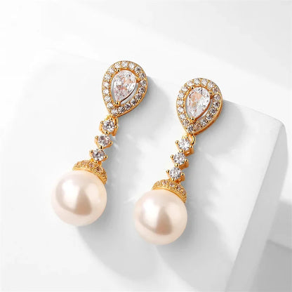 Bridal Elegant Round Imitation Pearl Earrings  Korean Fashion Water Drop CZ Bridal Earring Wedding Jewelry