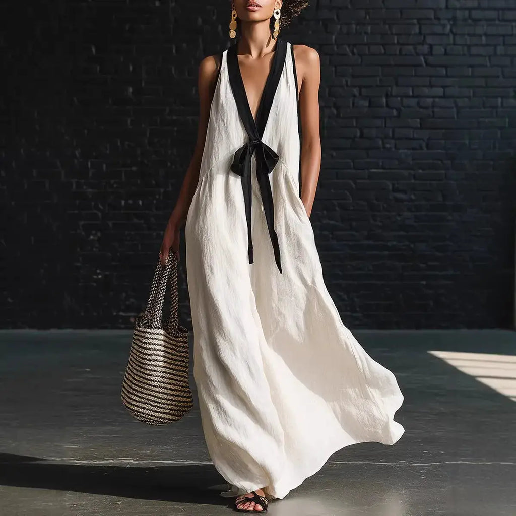 Women's Long Dress Solid Color 2026 Summer New Arrival Fashion Elegant Colorblock Deep V-neck Sleeveless Lace-Up Loose Dress by Adornity