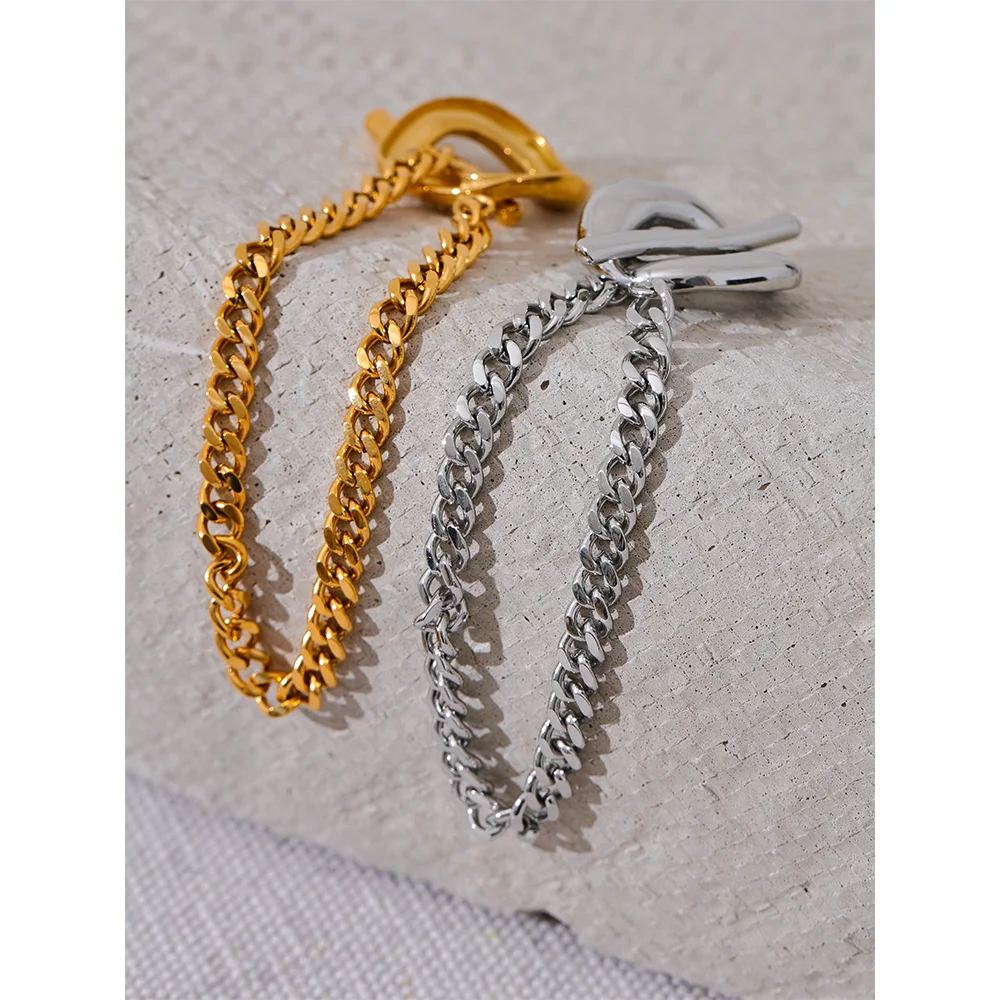 18K Gold Plated Stainless Steel Waterproof Metal Chain Toggle-Clasps Bracelet Bangle