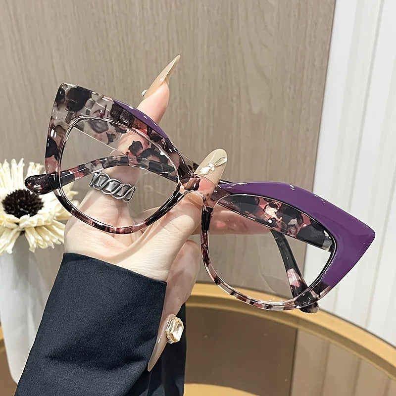 Cat Eye Glasses - Retro Style Color Block Glasses with Blue Light Blocking