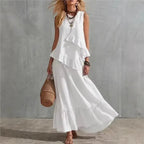 Women's Two-piece Sleeveless Irregular Ruffle Top Long Skirt 2026 Summer Cotton And Linen Fashion Casual Loose Solid Color Suit by Adornity