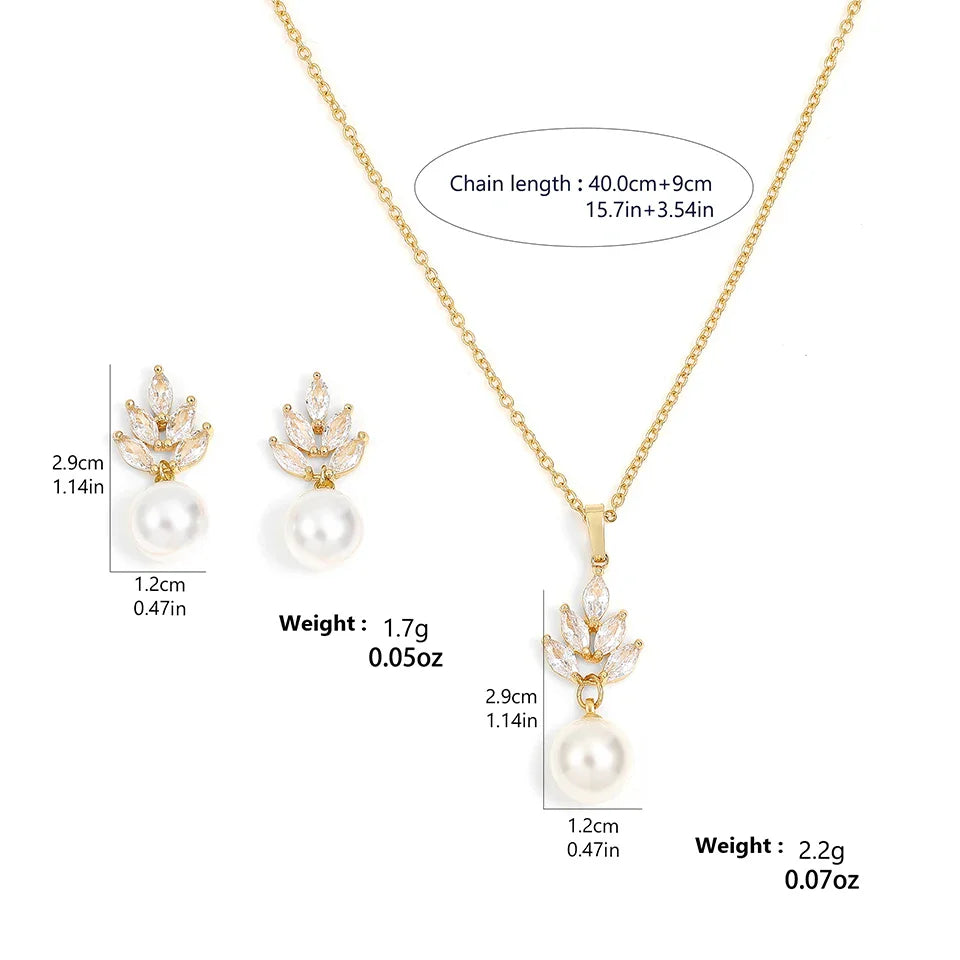 Zirconia Simulated Pearl Earrings Pendant Necklace Set Wedding Jewelry