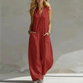 New Summer Sleeveless Cotton Linen Jumpsuit Women Casual V Neck Loose Wide Leg Pants Jumpsuit Women Casual Commuting Bodysuits by Adornity