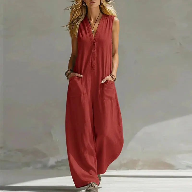 New Summer Sleeveless Cotton Linen Jumpsuit Women Casual V Neck Loose Wide Leg Pants Jumpsuit Women Casual Commuting Bodysuits by Adornity