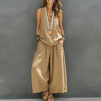 Boho Vacation Summer Beach Outfits Woman Sexy V Neck Hollow Top Wide Leg Pants Sets Spring Casual Sleeveless Loose Suit Harajuku by Adornity