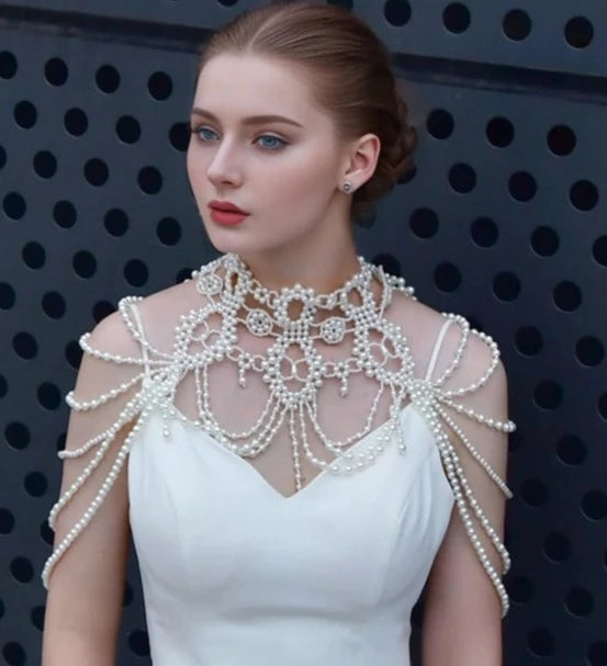 Elegant Handmade Pearl and Bead Wedding Shawl Jacket Bolero With Tassels