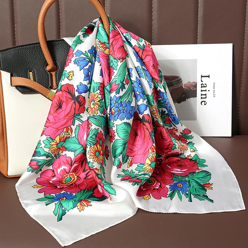 Luxury Silk Satin Scarf for Women - Printed Shawl Bandana 70x70cm