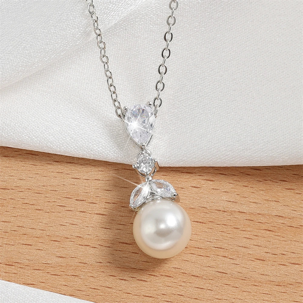 Minimalist Bridal Elegant Zircon Pearl Earring and Necklace Jewelry Set