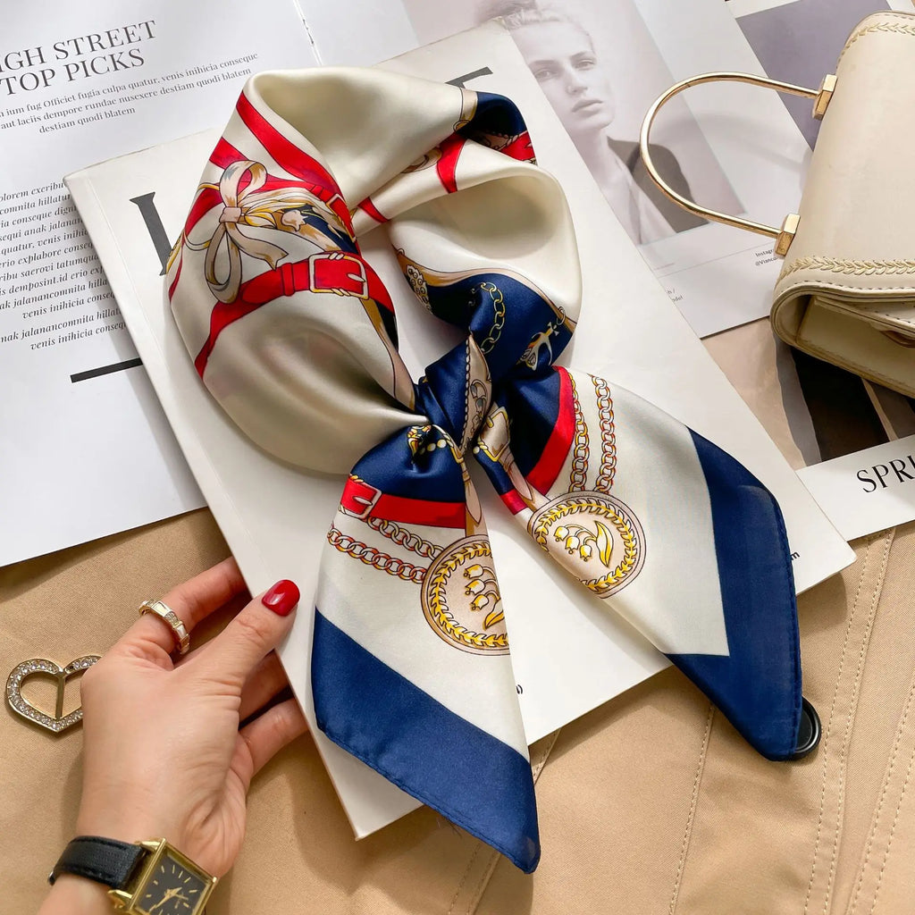 Women's Silk Scarf - 70x70cm Square Printed Pashmina Shawl With Plaid Pattern