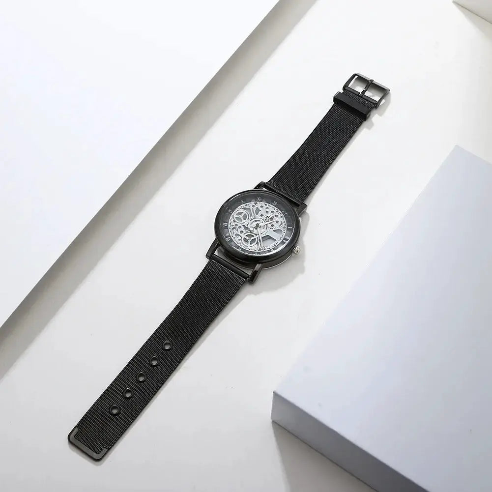 Women Skeleton Watch – Faux Mechanical Quartz Timepiece With Metal Mesh Band by Adornity