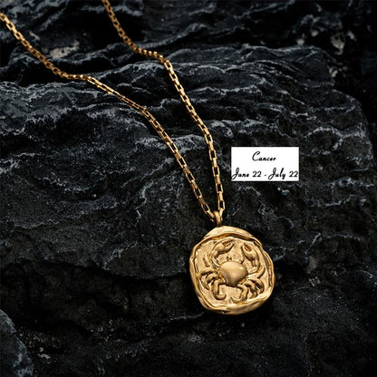 Zodiac Signs Stainless Steel Necklace - Gold Plated Constellation Round Pendant