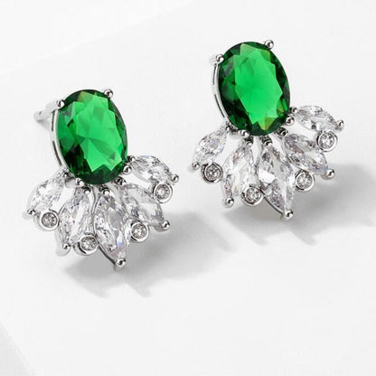 Green Oval Cubic Zircon Stud Earrings with White and Green Flower Design