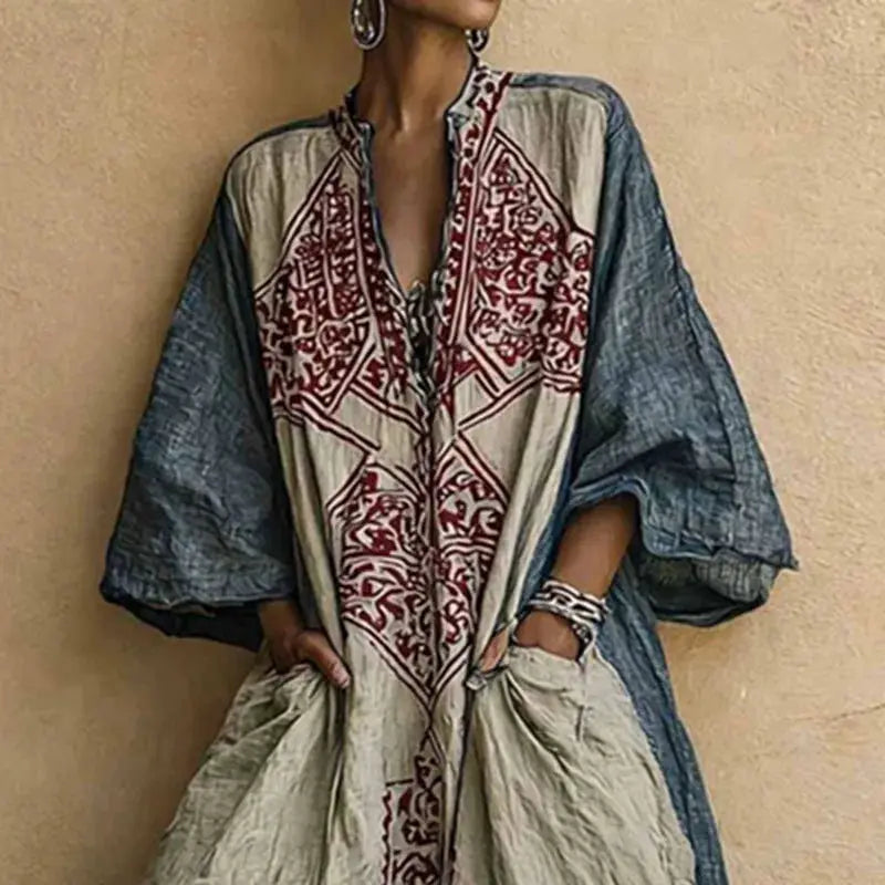 Bohemian Ethnic Pattern Women's Jumpsuit Batwing Sleeve Wide Leg Loose Long Pantsuit 2026 Vintage V Neck Pockets Vacation Romper by Adornity