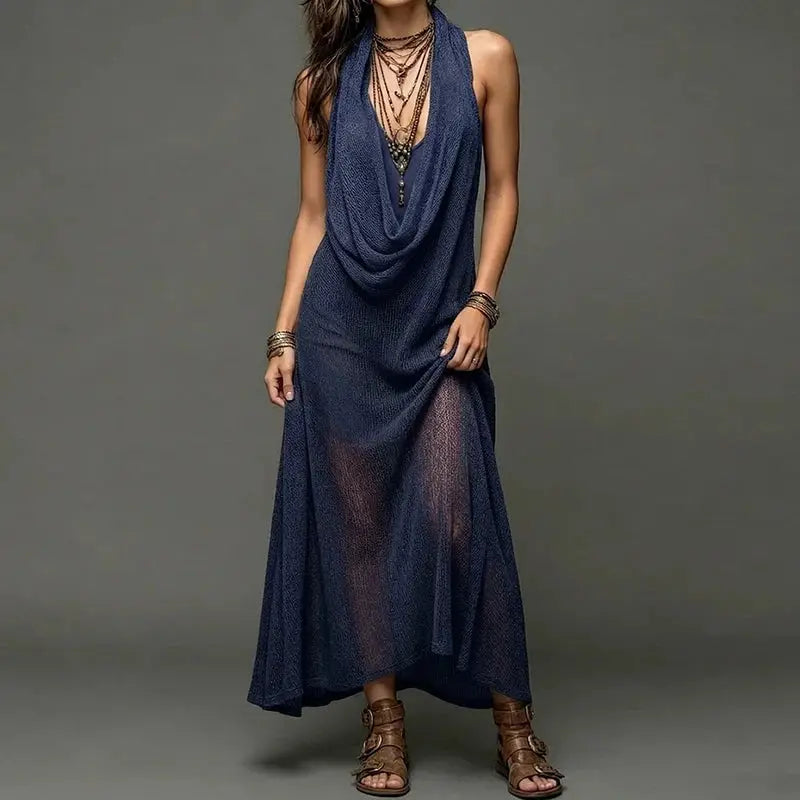Solid Loose Elegant Maxi Dress Women's Summer Sleeveless Halter Patchwork Beach Style Holiday Fashion Simple Ladies Party Dress by Adornity