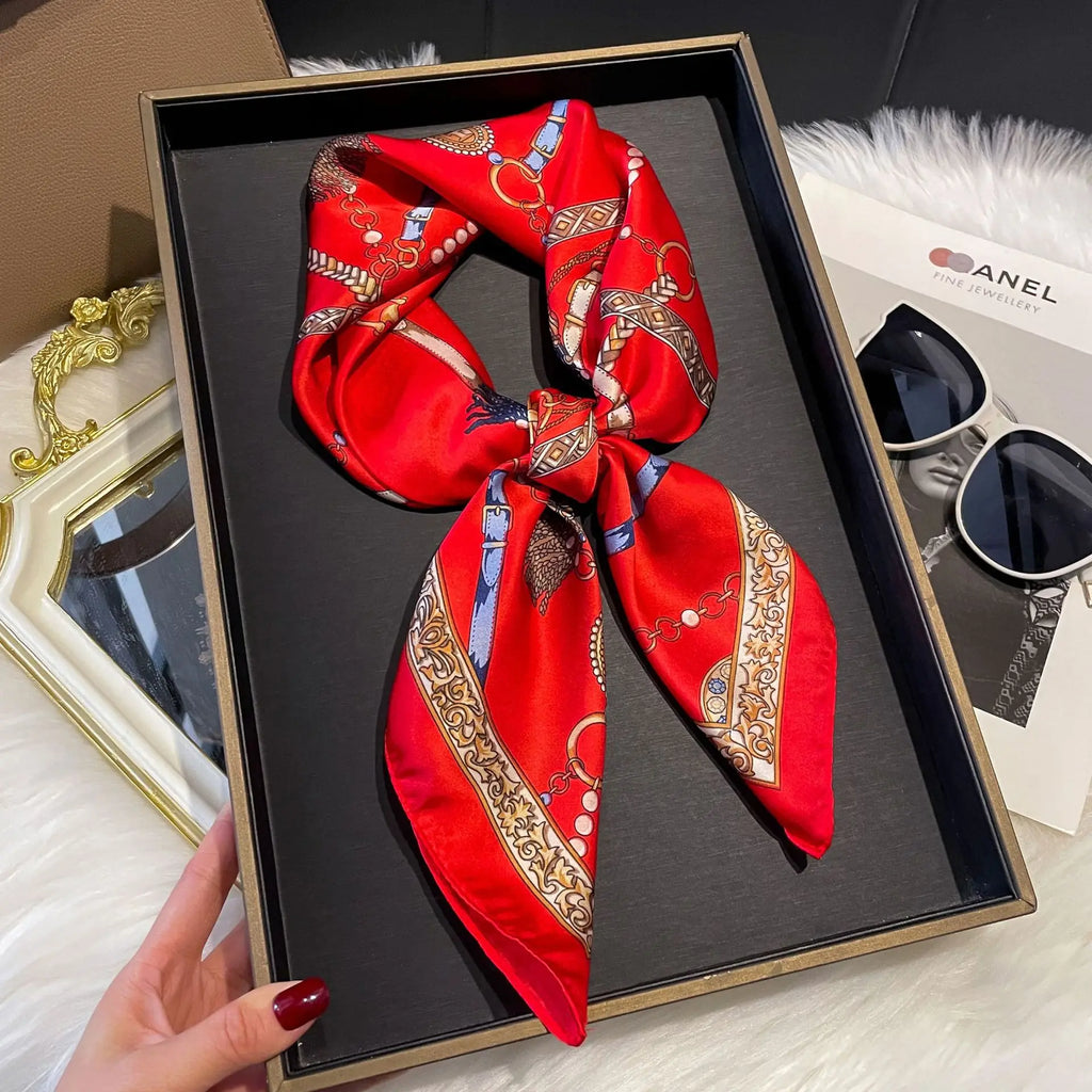 Women's Silk Scarf - 70x70cm Square Printed Pashmina Shawl With Plaid Pattern