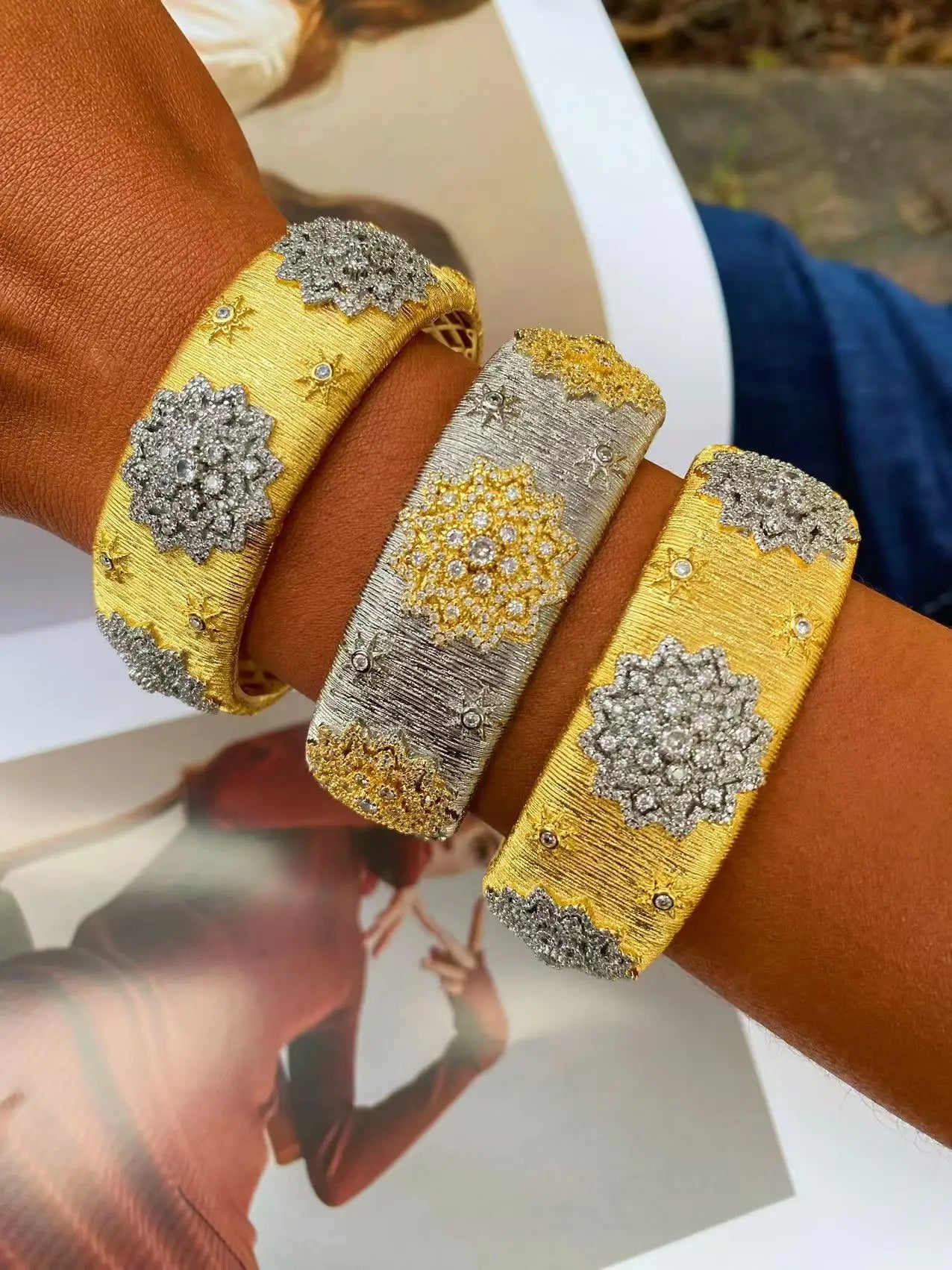 Gold Plated Bracelet – Cubic Zirconia Ring & Flower Pattern Vintage Copper Bangles Set