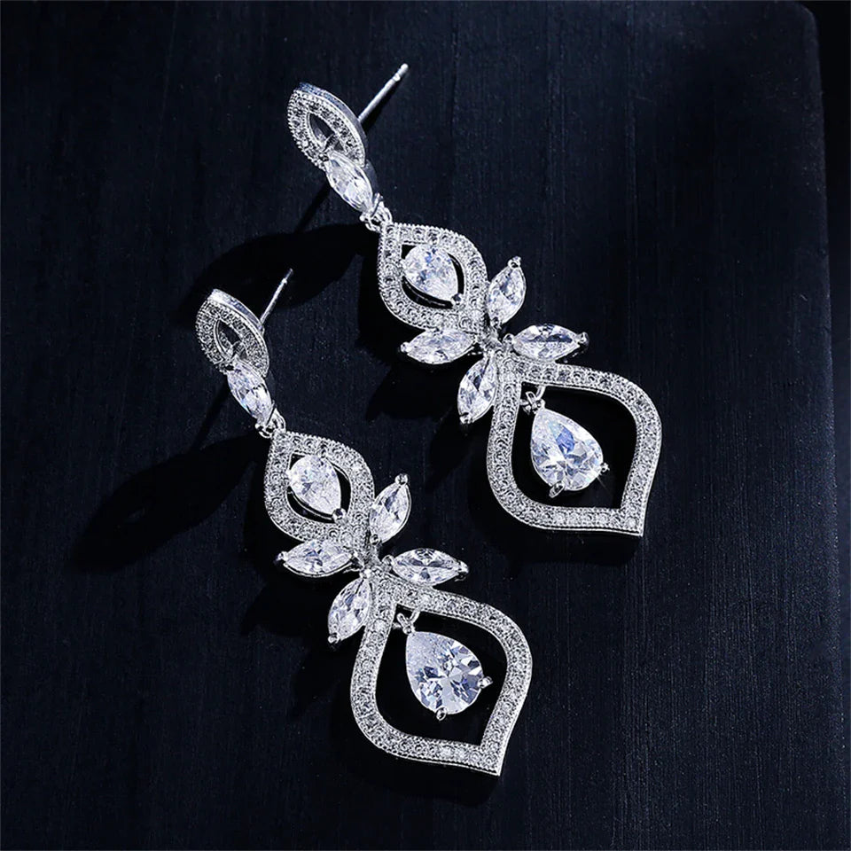 Bridal Heart Zircon Pendant Earrings  Long Hollow Crystal Inlay Drop Earring Bridal Wedding Jewelry