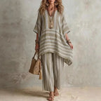 Boho Vintage Striped Print 2 Piece Sets Woman Spring V Neck Half Sleeve Top Wide Leg Pants Outfit New Summer Beach Vacation Suit by Adornity