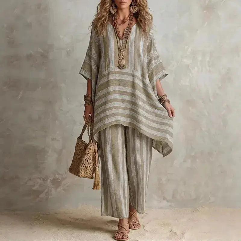 Boho Vintage Striped Print 2 Piece Sets Woman Spring V Neck Half Sleeve Top Wide Leg Pants Outfit New Summer Beach Vacation Suit by Adornity
