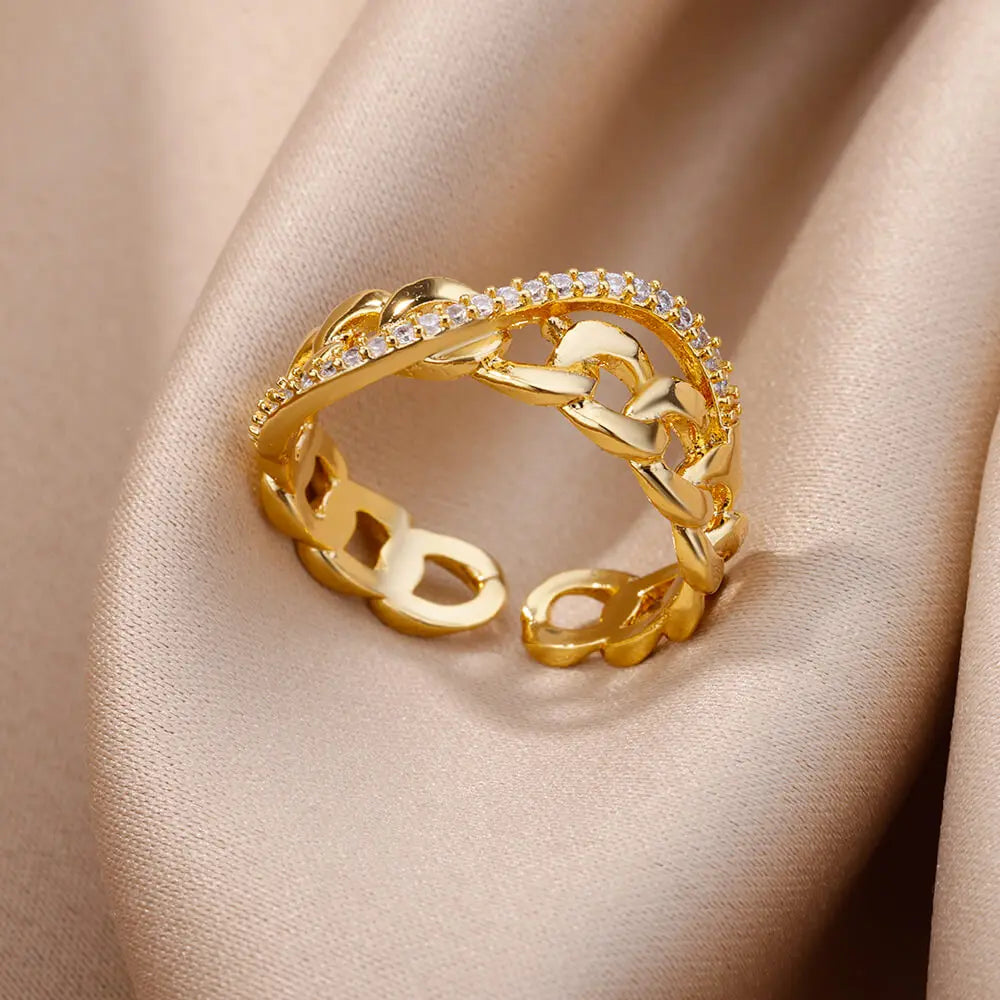 Gold Stainless Steel Hollow Out Ring with Crystal Zircon