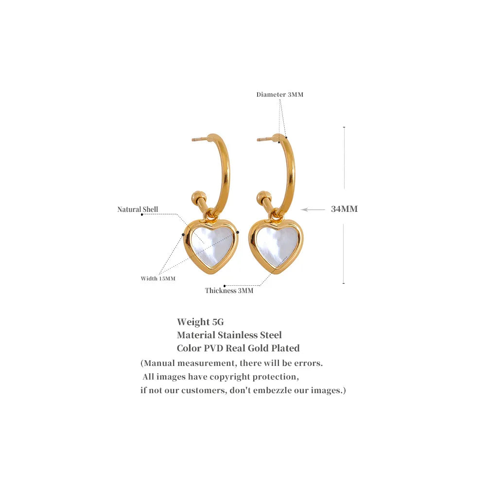 Natural Shell Heart Drop Stainless Steel Gold Color Hoop Earrings