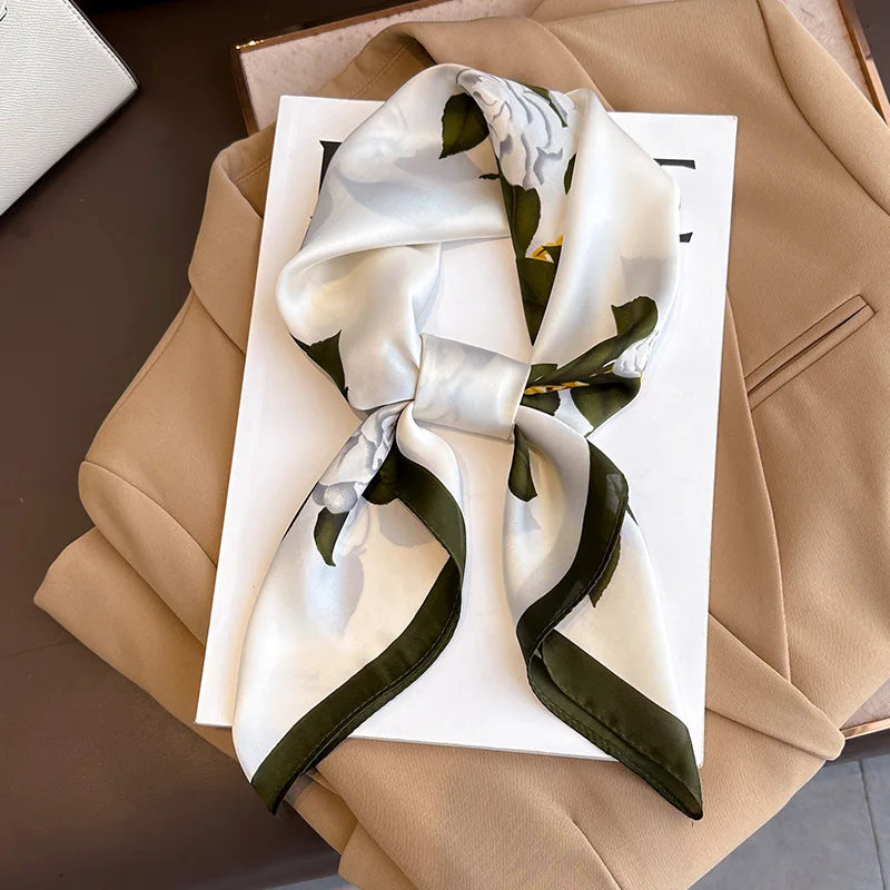 Women's Silk Scarf - 70x70cm Square Printed Pashmina Shawl With Plaid Pattern