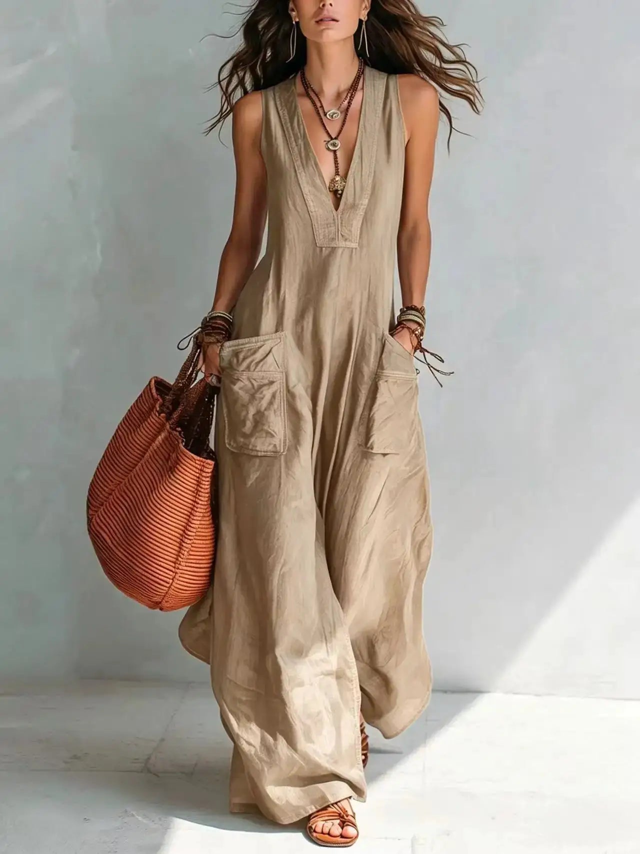 Summer Sleeveless Cotton Linen Jumpsuit Women V Neck Loose Wide Leg Pants Double Pocket Jumpsuit Casual Commuting Bodysuits by Adornity