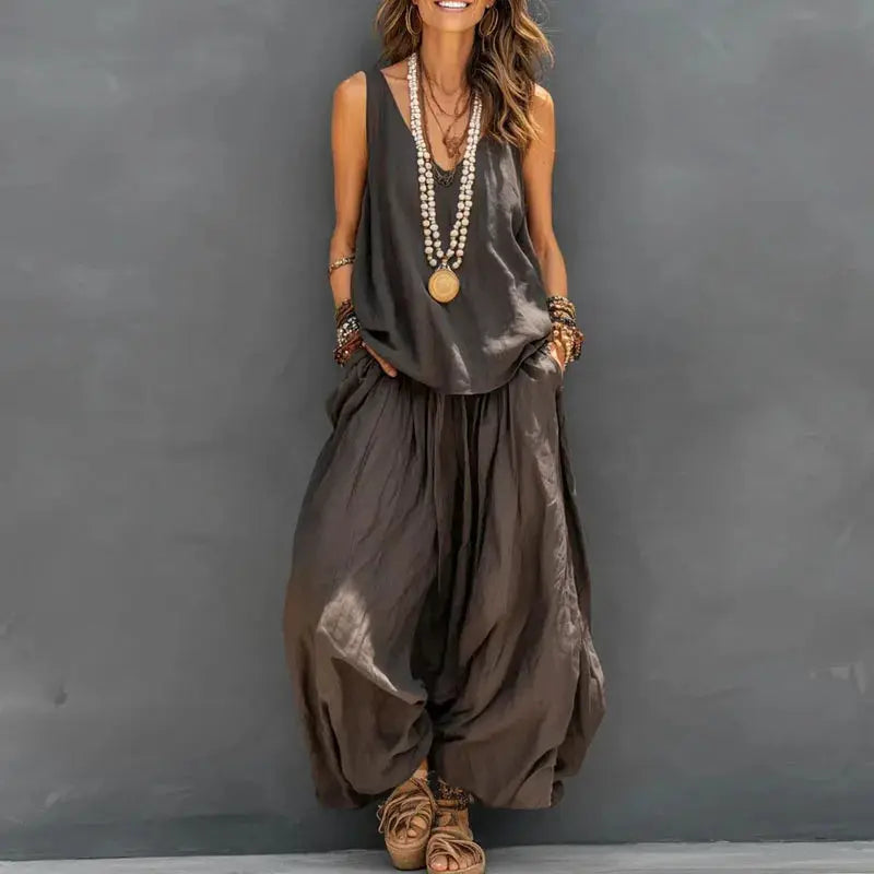 Boho Vacation Summer Beach Outfits Woman Sexy V Neck Hollow Top Wide Leg Pants Sets Spring Casual Sleeveless Loose Suit Harajuku by Adornity