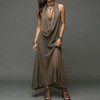 Solid Loose Elegant Maxi Dress Women's Summer Sleeveless Halter Patchwork Beach Style Holiday Fashion Simple Ladies Party Dress by Adornity