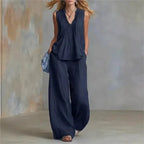 lady Button Splicing Design Top+wide Leg Pants Two-piece Set Women's Summer Fashion Sleeveless V-neck Top Pants Office Outfit by Adornity