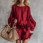 Bohemian Casual Vacation Outfits Woman Elegant O Neck Ruffle Hem Top And Beach Shorts Set Spring Solid Loose Fit Streetwear Suit by Adornity