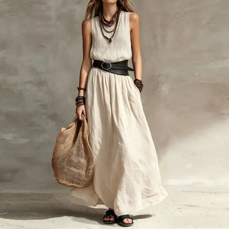 Summer Women Loose Fit Sleeveless Maxi Dress Round Neck High Waist Pleated Long dress Casual Daily Beach Vacation Bohemian Dress by Adornity