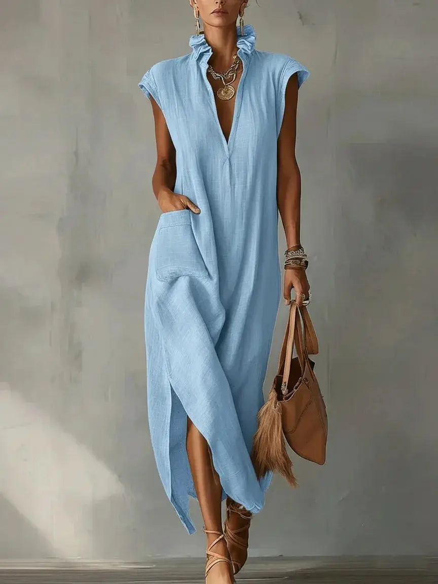 Fashion Ruffle Stand Collar Women's Sleeveless Dress Summer New Casual Loose Pocket Female Side Slit Vacation Deep V-Neck Dress by Adornity