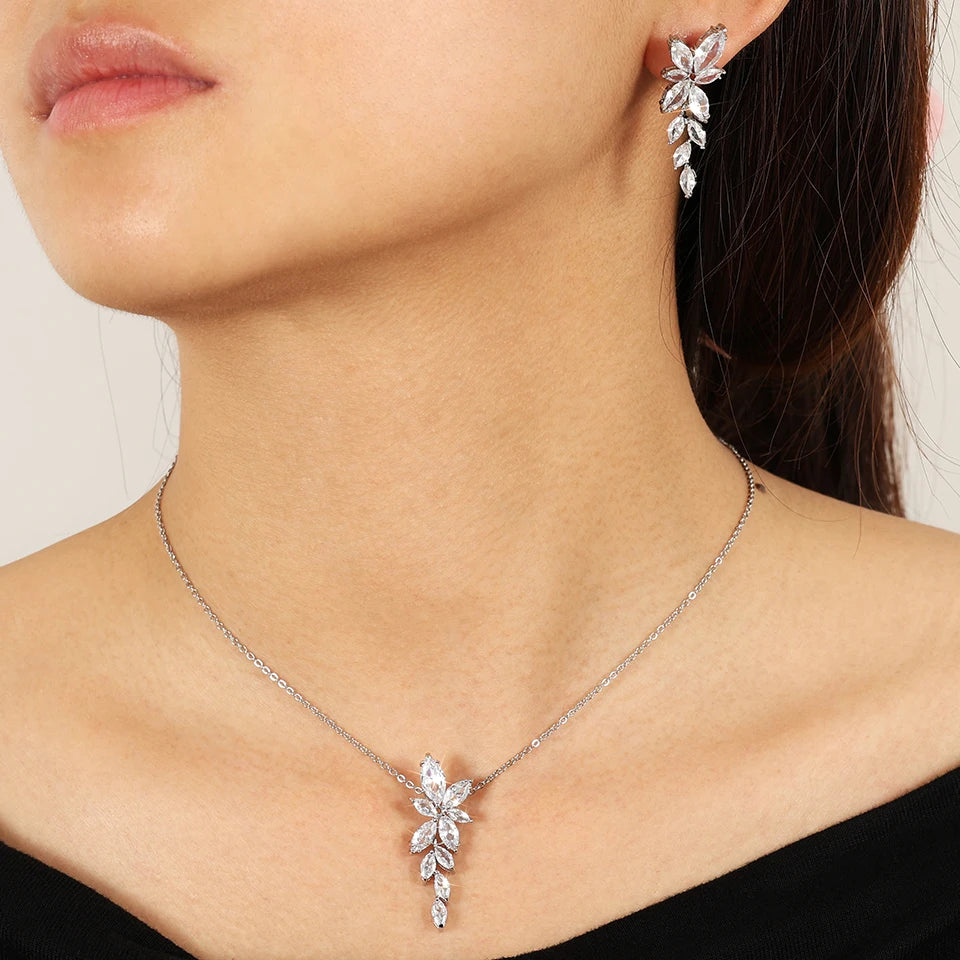 Classic AAA Zircon Leaf Tassel Earring Necklace Sets With Box