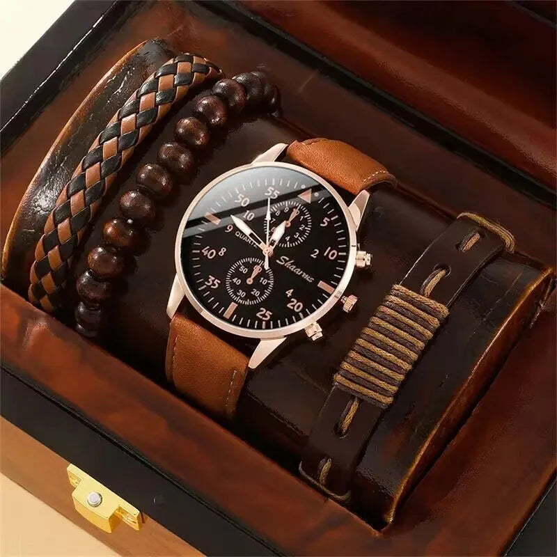 Men Leather Watch - Luxury Quartz Wristwatch With Brown Leather Band & Bracelet Set