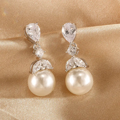 Minimalist Bridal Elegant Zircon Pearl Earring and Necklace Jewelry Set