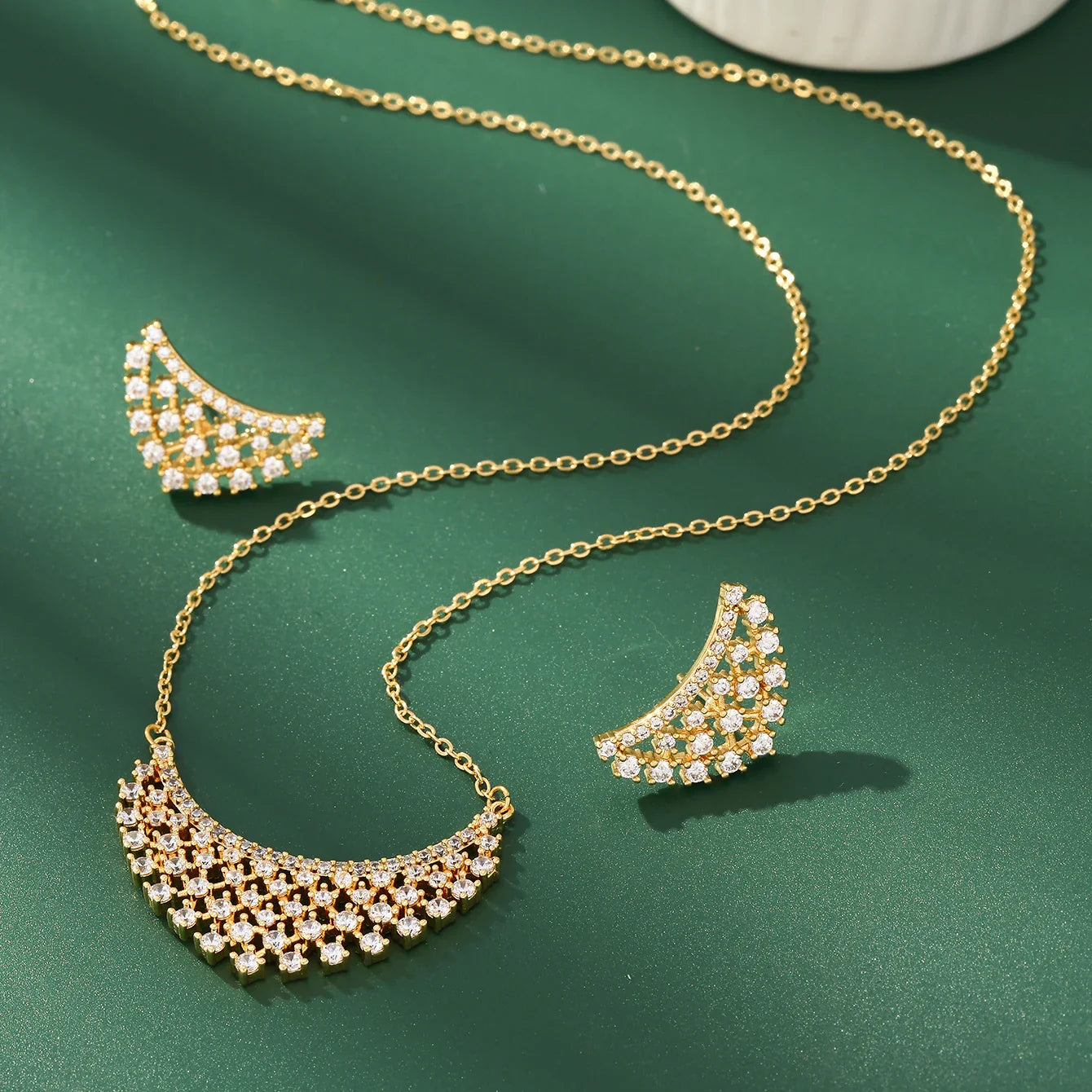 Gold Plated Cubic Zircon Geometric Necklace Earrings Set