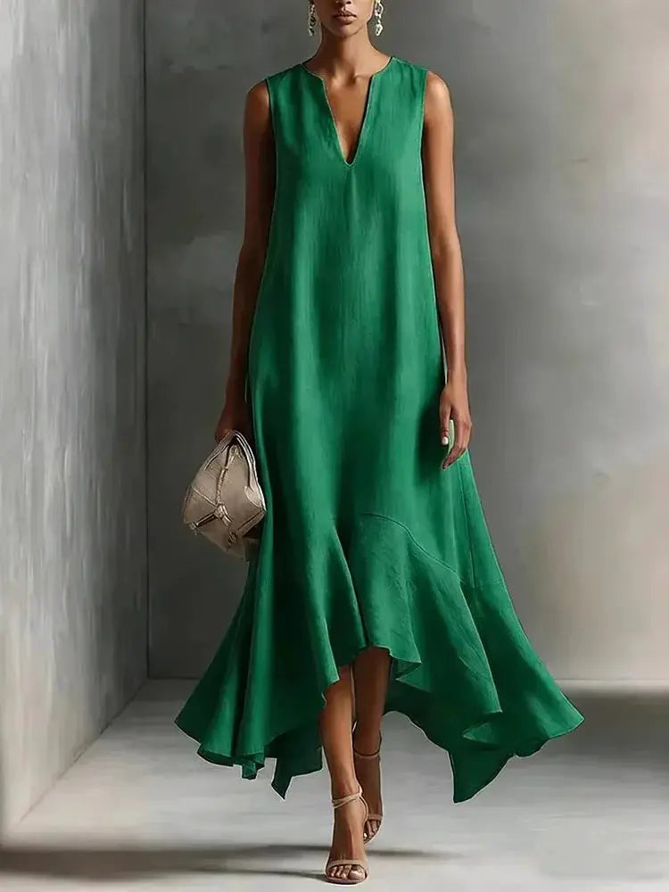 Solid Color Loose Long Dress For Women Summer Sexy V-neck Sleeveless Fashion Irregular Hem Dresses Lady Foreign Style Streetwear by Adornity