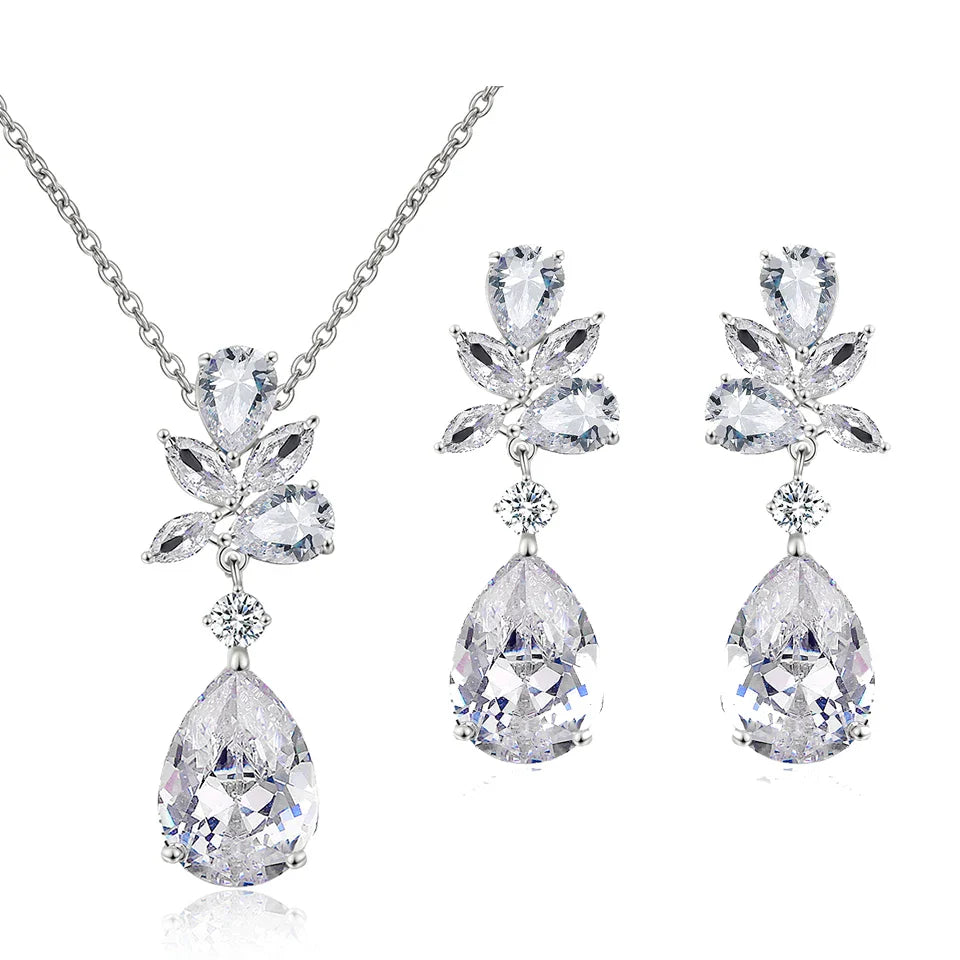 Classic Water Drop Zirconia Pendant Earrings Necklace Jewelry Set