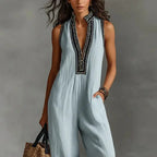 Sexy Deep V Neck Hollow Women's Jumpsuits Vintage Printed High Waist Slim Office Romper Spring Summer Sleeveless Pocket Overalls by Adornity