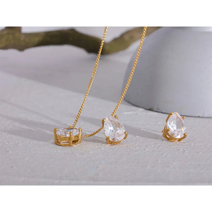 Cubic Zirconia Stainless Steel Water Drop Pendant Necklace Stud Earrings