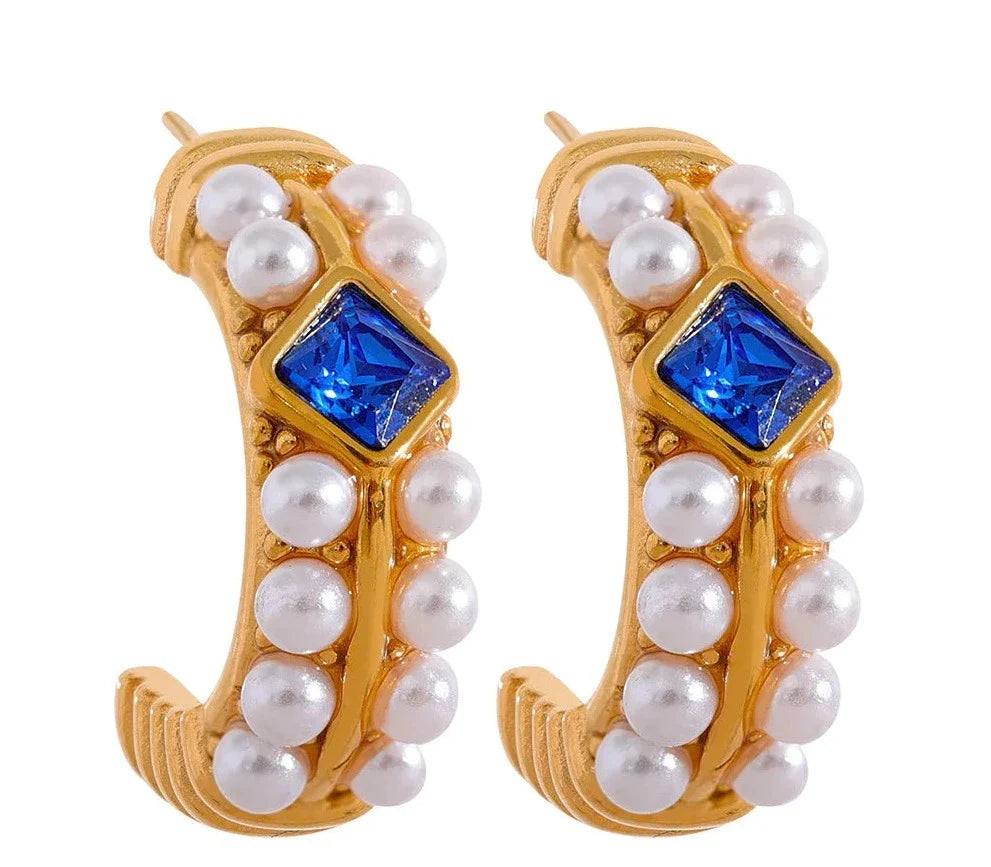 Imitation Pearls Blue Cubic Zirconia Stainless Steel C Shape Huggie Earrings